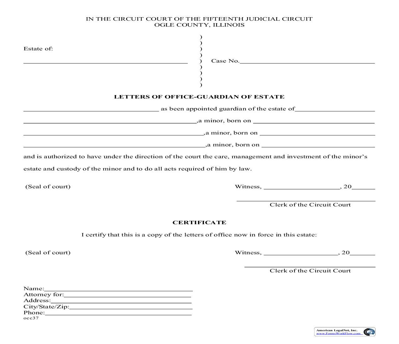 Letters Of Office-Guardian Of Estate [Minor(s)]  {occ37} | Pdf Fpdf Doc Docx | Illinois